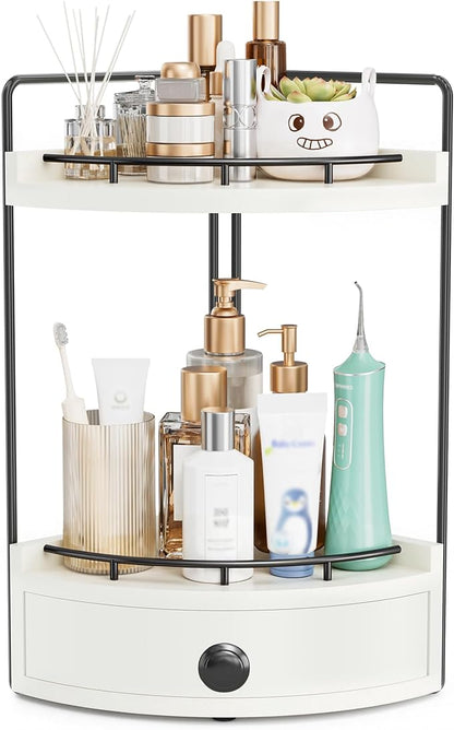 2-Tier Corner Bathroom Counter Organizer with Drawer & Embedded Screw Holes - Wooden Countertop Organizers for Skincare, Makeup Storage, Bathroom Sink Counter Shelf for Vanity, White