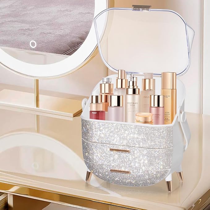 MASSY Egg Shape(Oval) Makeup Storage Box, Countertop Portable Vanity Cosmetics Organizer Preppy Style (Rhinestone White)