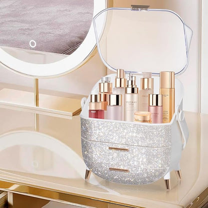 MASSY Egg Shape(Oval) Makeup Storage Box, Countertop Portable Vanity Cosmetics Organizer Preppy Style (Rhinestone White)