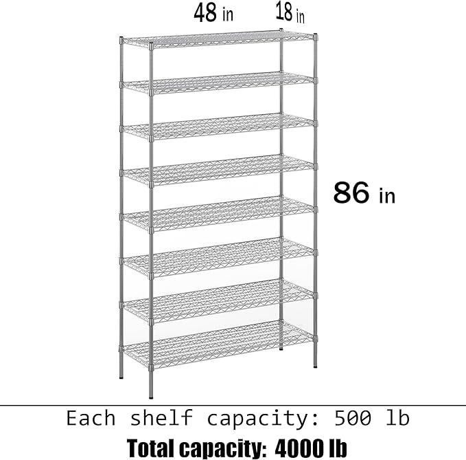 18" Deep x 48" Wide x 86" Height Wire Shelving Kit | 8-Tier | NSF Commercial Storage Rack Unit