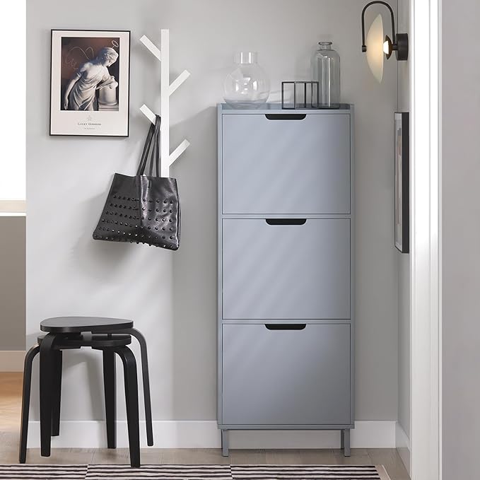 Haotian Slim Shoe Cabinet Entryway, Hidden Shoe Storage with Three Flip Drawers to Save Space, Freestanding Shoe Rack for Front Door, Entryway, Hallway Grey
