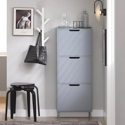 Haotian Slim Shoe Cabinet Entryway, Hidden Shoe Storage with Three Flip Drawers to Save Space, Freestanding Shoe Rack for Front Door, Entryway, Hallway Grey