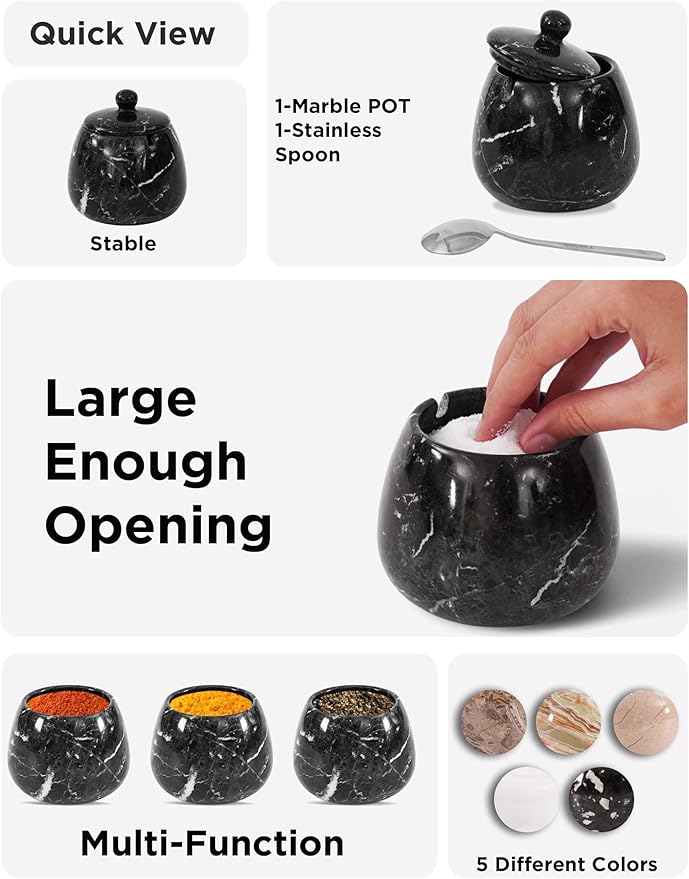 Black Marble Salt Cellar – 4.5 Inch Salt Container, Salt Jar, Salt Dish, Salt Holder, Spice Jar, Sugar Bowl, Celtic Salt, Table Salt Storage for Kitchen Countertop