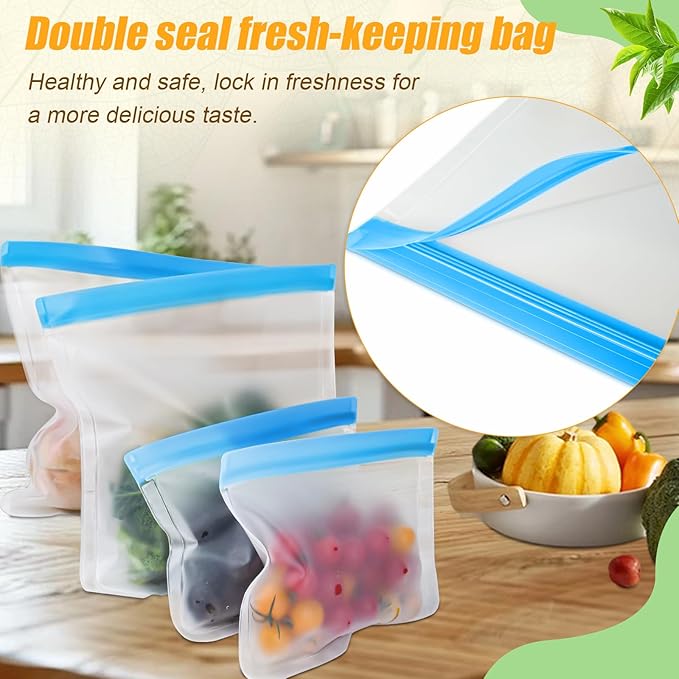 10 Pack Reusable Silicone Food Storage Bags, Leakproof Dishwasher Safe Reusable Freezer Bags for Food Storage Containers, Lunch Bag for Sandwich, Marinate Meat, Salad Fruit 10.3'' x 7.9''