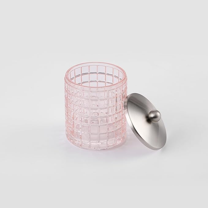 Blush Colored Tranlucent Apothecary Etched Geometric Grid Glass Jar W/ Nickel Metal Lid Cover for Bathroom Organization, Cotton Balls, Q Tips, and Small Accessories, Bathroom Storage