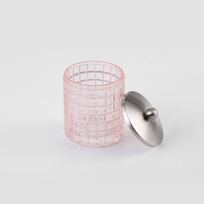 Blush Colored Tranlucent Apothecary Etched Geometric Grid Glass Jar W/ Nickel Metal Lid Cover for Bathroom Organization, Cotton Balls, Q Tips, and Small Accessories, Bathroom Storage