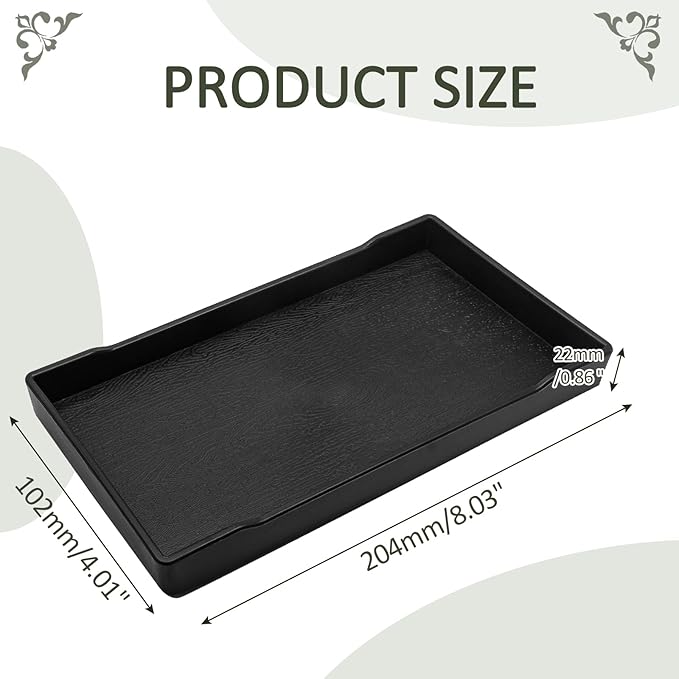 Jiozermi 8.03" Black Rectangular Plastic Vanity Tray for Bathroom and Kitchen, Modern Shatterproof Soap Tray with Polished Finish
