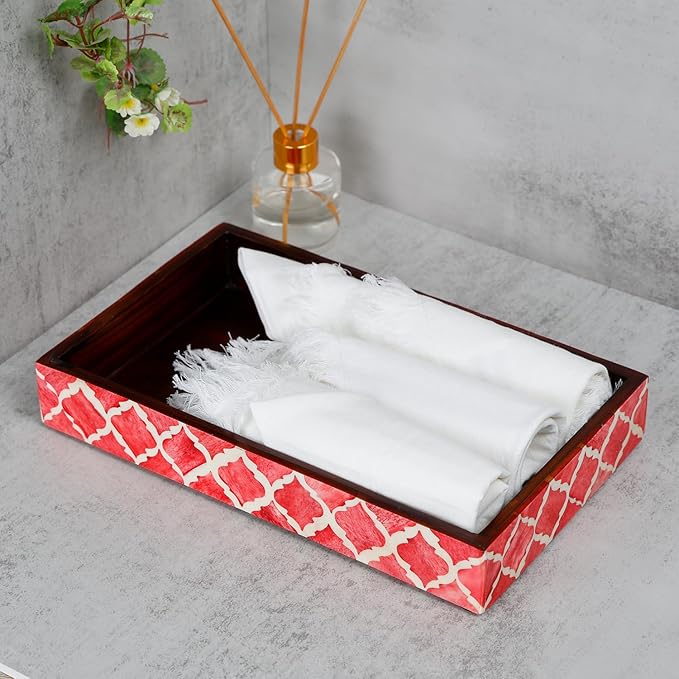 HANDICRAFTS HOME Handmade Moroccan Pattern 10x6 Towel Tray - Small Bathroom Tray, Guest Towel Holder, Decorative Napkin Holder, Bathroom Countertop Storage, Kitchen Hand Towel Holder Moroccan Red