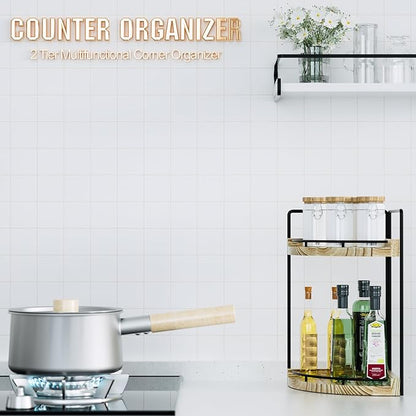 Corner Bathroom Counter Organizer, 2 Tier Wood Vanity Storage, Waterproof Skincare Shelf for Kitchen & Toiletries Decor, Dresser (Rustic-2 Tier)