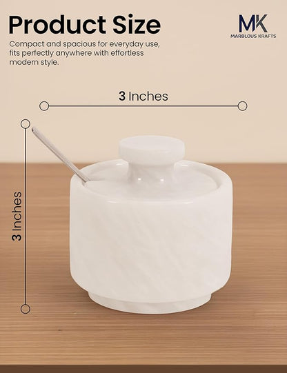 Marble Salt Cellar 3" Inch White Celtic Salt, Seasoning Containers for Kitchen Decor, Set of 2 Spice Jars, Countertop Storage, Sugar Bowl with Lid and Spoon, Ideal Mother’s Day Gift for Mom