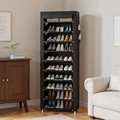 UDEAR 10-Tier Free Standing Shoe Rack Sturdy Shoe Rack Organizer for Closet Entryway Stackable Shoe Shelf with Dustproof Cover,Black
