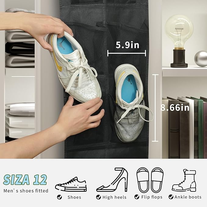 MSLOVE Narrow Over The Door Shoe Organizer, 12 Large Mesh Pockets Hanging Shoe Organizer for Closet Organizers and Storage, Black, 2 Pack