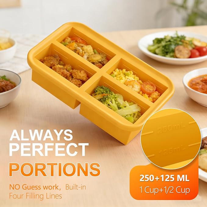 Bangp Silicone Freezer Tray for Soup Ice Cubes,1-Cup Freezing Tray with Lid for Meal Prep,Rice,Broth,Sauce,Leftovers. Makes 4 Perfect 1 Cup Portions. Oven & Dishwasher-Safe