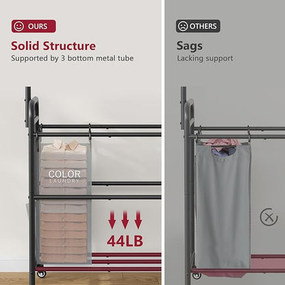Tajsoon Laundry Sorter with Hanging Bar, 2 Section Laundry Hamper with Lockable Wheels and Removable Bag, Black & Gray