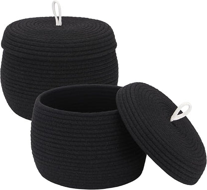 Sea Team Round Cotton Rope Storage Basket with Lid, Decorative Woven Storage Bin, Pot, Caddy, Organizer, Container for Snacks, Towels, Plants (Black, Small/2-Pack)