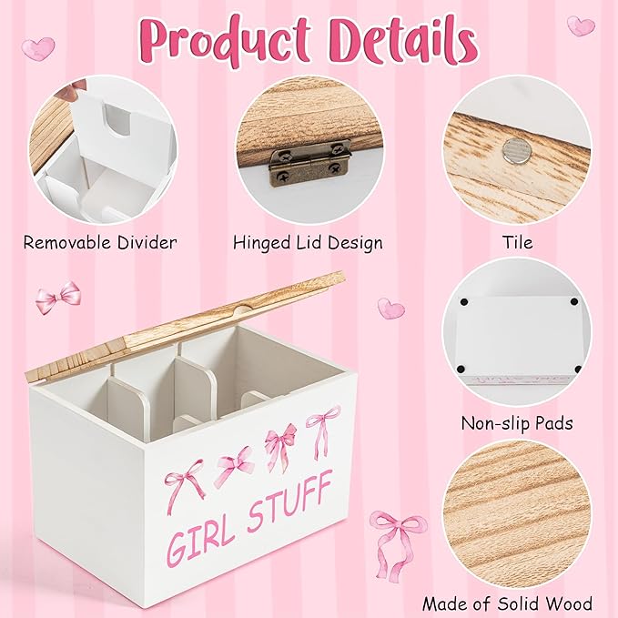 R HORSE Tampon Holder for Bathroom - Feminine Product Organizer, Pink Bow Organize Case with Lid Shark Week Tampon Storage Lady Stuff Box for Bathroom Accessories