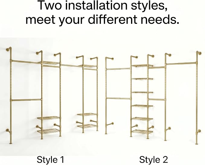 Wall Mounted Closet System – Adjustable Clothing Rack with 6 Hanging Clothes Rods( 4 Expandable Rods) & 6 Shelves, Heavy Duty Industrial Pipe Clothes Rack for Closet Organizer and Storage, Gold