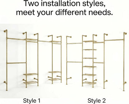 Wall Mounted Closet System – Adjustable Clothing Rack with 6 Hanging Clothes Rods( 4 Expandable Rods) & 6 Shelves, Heavy Duty Industrial Pipe Clothes Rack for Closet Organizer and Storage, Gold