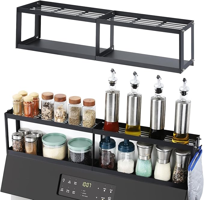 OTraki 2 Tier Strong Magnetic Oven Shelf 30 Inch Length Spice Rack Over The Stove Shelf with 2 Anti-Slip Mats Seasoning & 4 Hooks Kitchen Spice Storage Organizer Black