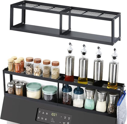OTraki 2 Tier Strong Magnetic Oven Shelf 30 Inch Length Spice Rack Over The Stove Shelf with 2 Anti-Slip Mats Seasoning & 4 Hooks Kitchen Spice Storage Organizer Black
