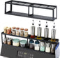OTraki 2 Tier Strong Magnetic Oven Shelf 30 Inch Length Spice Rack Over The Stove Shelf with 2 Anti-Slip Mats Seasoning & 4 Hooks Kitchen Spice Storage Organizer Black