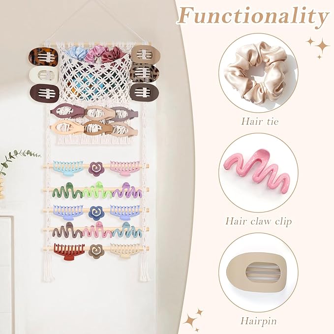SNOWSTAR Macrame Hair Claw Clip Organizer,Large Capacity Mesh Bag Scrunchies Holder and Hair Ties Organizer for Women Girls,Hair Accessorie Hanging Storage Home Decor Wall,Door