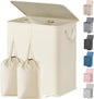 Lifewit Double Laundry Hamper with Lid and Removable Laundry Bags, Large Collapsible 2 Dividers Dirty Clothes Basket with Handles for Bedroom Laundry Room Closet Bathroom College, 155L Ivory White