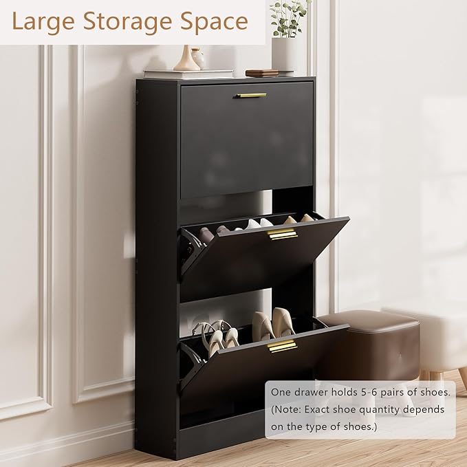 LYNSOM Shoe Cabinet Set of 2, Free Standing Tipping Bucket Shoe Rack Organizer with 3 Flip Drawers, Modern Entryway Shoe Storage with Top Display, Narrow Slim Hidden Shoe Cabinet (Black)