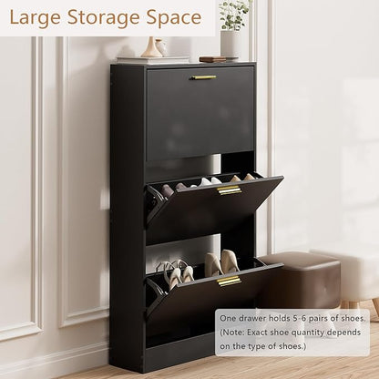 LYNSOM Shoe Cabinet Set of 2, Free Standing Tipping Bucket Shoe Rack Organizer with 3 Flip Drawers, Modern Entryway Shoe Storage with Top Display, Narrow Slim Hidden Shoe Cabinet (Black)