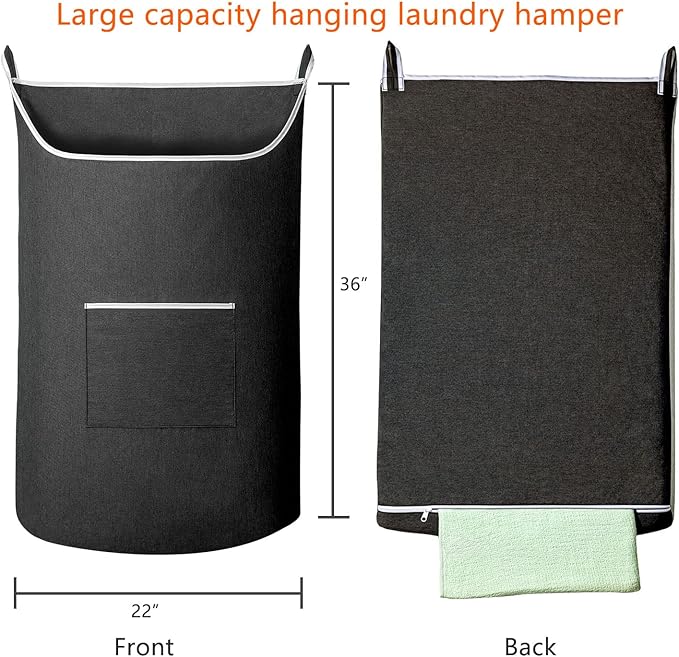 SAVERHO Black Hanging Laundry Hamper Bag, XL Door Hanging Hamper with Large Openging Laundry Hamper Storage Bag Large Size 36X22 Inch (Black)