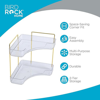 BIRDROCK HOME 2-Tier Corner Cosmetic Organizer - Clear Shelves with Gold Hardware, Easy Assembly, Durable Design for Makeup, Perfumes, and Self-Care Products