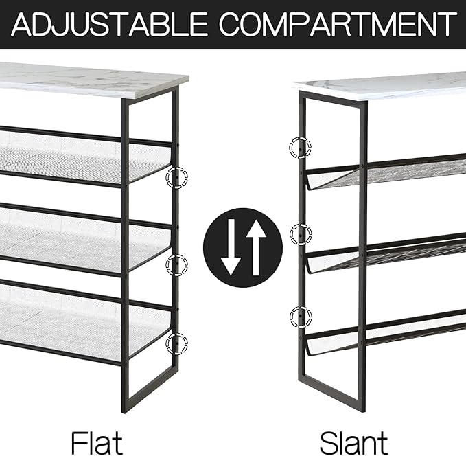Garden 4 you Shoe Rack for Entryway 4 Tiers 11.8" D x 25" W x 28" H, Metal Shoe Rocks with White Wooden Tabletop, Angled Shoes Rack with Adjustable Mesh Shelves for Entryway Hallway Closet