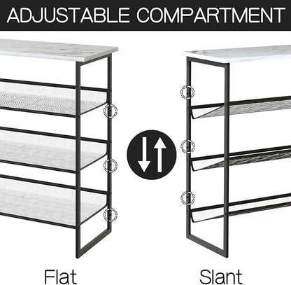 Garden 4 you Shoe Rack for Entryway 4 Tiers 11.8" D x 25" W x 28" H, Metal Shoe Rocks with White Wooden Tabletop, Angled Shoes Rack with Adjustable Mesh Shelves for Entryway Hallway Closet