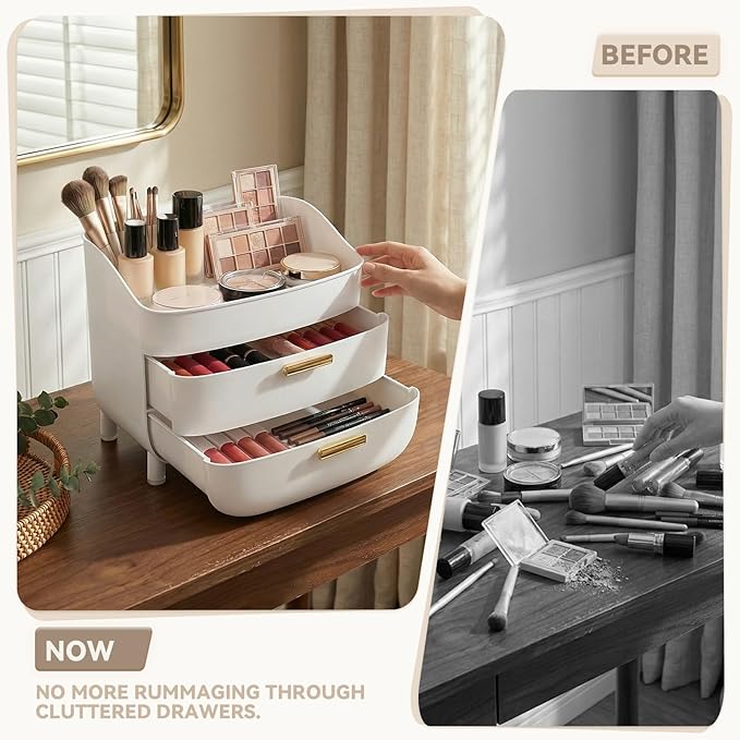 novelinks 3-Tier Skincare Makeup Organizer with Drawers, Large Capacity Vanity Storage Box, Desktop Cosmetic Organizer for Bathroom, Dresser & Vanity Countertop, White