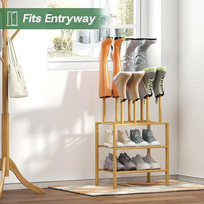 kiplant Small Boot Rack Organizer Tall Boots- 4 Pair Boot Rack Bamboo Wood Shoe Rack for Entryway & Closet, Holds Tall Boots