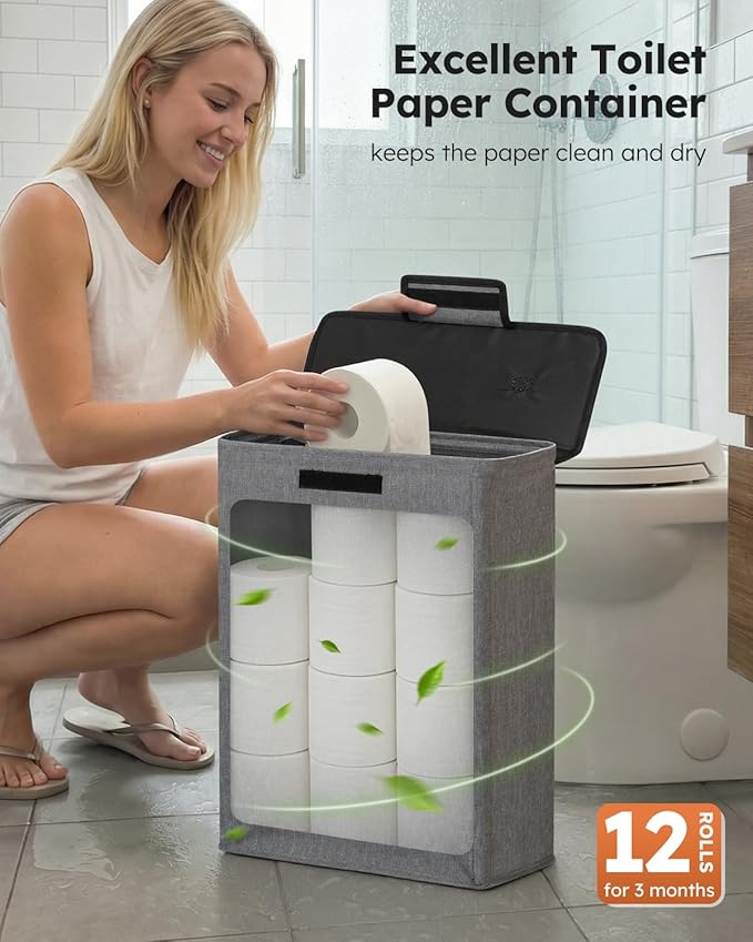 Freestanding Toilet Paper Holder Stand with Shelf for Up to 12 Rolls,Rustproof Metal Bathroom Toilet Paper Storage with Lid, All-in-One Toilet Tissue Roll Dispenser and Organizer,Gray