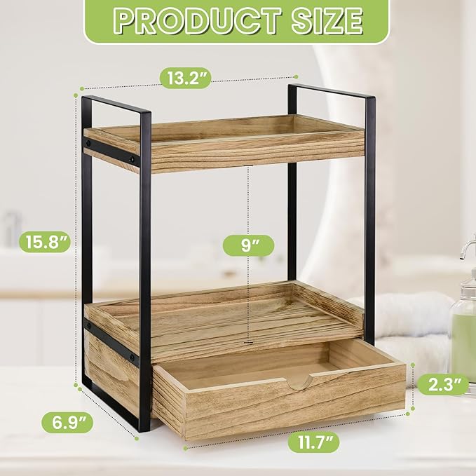 Ukonvi 2-Tier Bathroom Organizer Countertop with Drawer, Wood Counter Shelf for Storage, Vanity Tray for Organization and Decor, Countertop Organizer for Bathroom, Kitchen, Office (Brown)