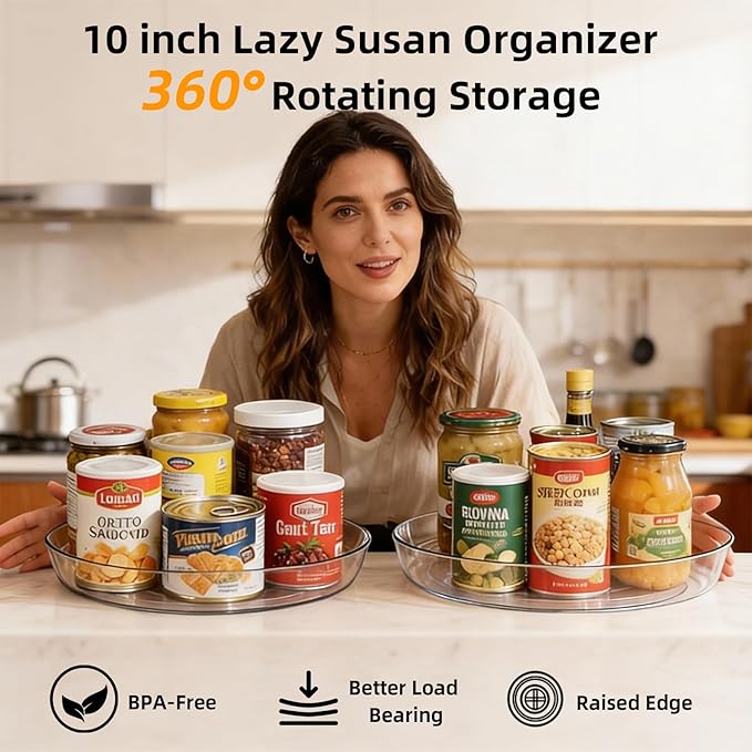 2 Pack Lazy Susan 10 inch Turntable for Spice Organization | Clear BPA-Free Plastic Rotating Organizer for Kitchen Cabinet, Pantry, Countertop, Fridge | 360-Degree Rotating Base