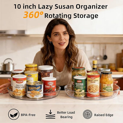 2 Pack Lazy Susan 10 inch Turntable for Spice Organization | Clear BPA-Free Plastic Rotating Organizer for Kitchen Cabinet, Pantry, Countertop, Fridge | 360-Degree Rotating Base