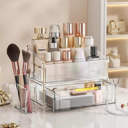 INVSSENE Stackable Makeup Organizer Countertop, Storage Perfume Skincare Cosmetic Lipstick Face Mask Makeup Brush Palettes, Ideal for Vanity Bathroom Counter