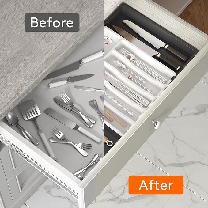 Lifewit Silverware Drawer Organizer, Expandable Utensil Tray for Kitchen, BPA Free Flatware and Cutlery Holder, Adjustable Plastic Storage for Spoons Forks Knives, 13-22 x 15", White&Black