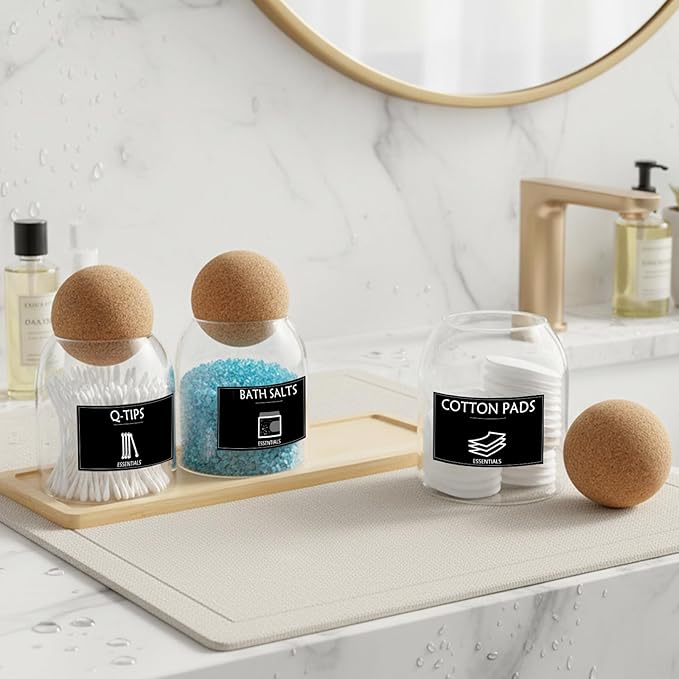 3PCS Qtip Holder for Bathroom Set, 17oz Glass Apothecary Jars with Cork Lids and Tray, Cotton Ball and Swab Holder, Bathroom Containers Organizers and Storage with 9 Labels