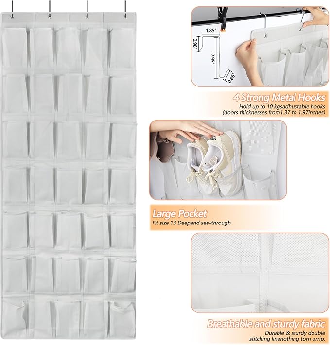 GOMAJI 35 Large Pockets Over the Door Shoe Organzier, Hanging Shoe Organizer for Door Large Capacity Shoe Storage Bag with 4 Metal Hooks