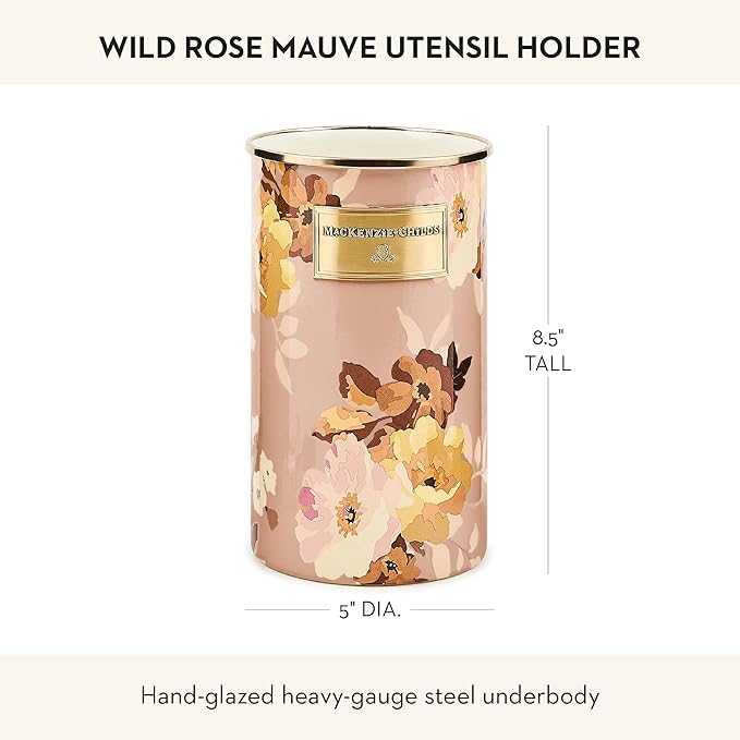 MACKENZIE-CHILDS Enamel Utensil Holder, Stylish Kitchen Countertop Organizer, Wild Rose Mauve
