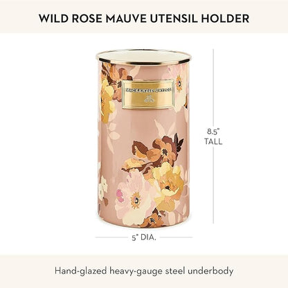 MACKENZIE-CHILDS Enamel Utensil Holder, Stylish Kitchen Countertop Organizer, Wild Rose Mauve