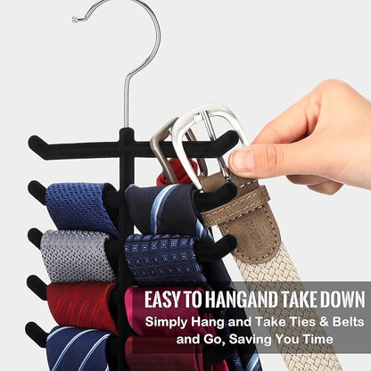 Kathfly 8 Pcs Tie Hanger Organizer, Non-Slip Velvet Closet Rack with 360° Swivel Hook, Space Saving, Holds Ties Belts & Scarves, Durable Multi-Layer Hanger for Closet, Black Flocked