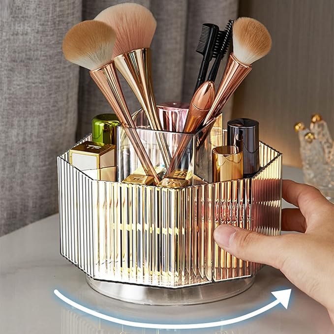 LINFIDITE 360°Rotating Makeup Brush Holder Cosmetic Display Case Clear Makeup Lip Gloss Organizer Case with 5 Slots Round Turntable Storage Tray for Vanity, Bathroom, Counter Organizer Clear Pink