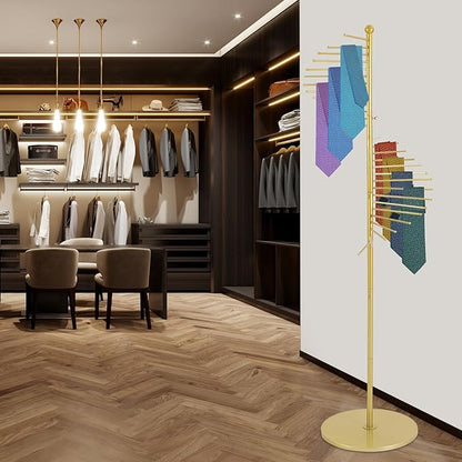 67" Gold Retail Display Tie & Scarf Rack, Belt Hanger & Pants Racks Towel Organizer Hanging Bar, Floor Standing Tie Racks Scarves Rack Necktie Holder for Home Clothing Store Commercial