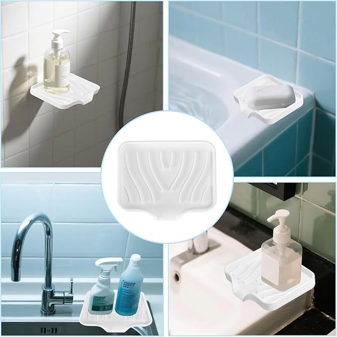 2 Pack Silicone Soap Dish with Drain, Self Draining Bar Soap Holder for Shower, Silicone Dish Soap Tray, Bathroom and Kitchen Sink Organizer, White
