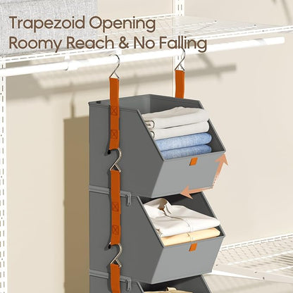Homsorout Collapsible Hanging Closet Organizer - 3 Tier Closet Shelves Storage System with Hooks, Fabric Hanging Storage Bins for Clothes, Foldable Storage Basket for Laundry, Bedroom, Rv, Grey